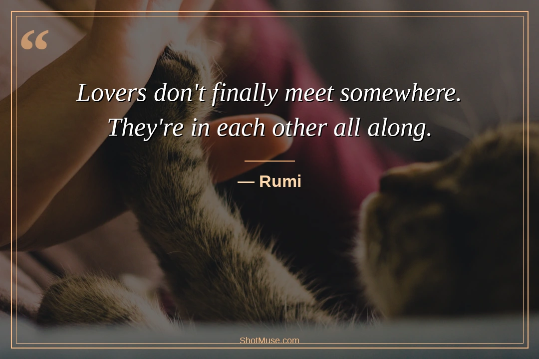 Couple quote by Rumi — Lovers don&rsquo;t finally meet somewhere they&rsquo;re in each other all along — warm autumn wallpaper