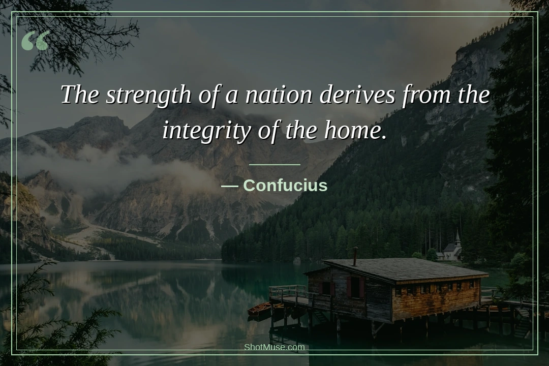 Family quote by Confucius — The strength of a nation derives from the integrity of the home — HD cabin forest wallpaper