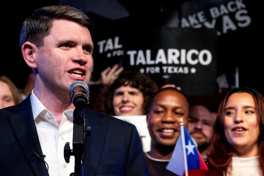 James Talarico celebrates his Democratic primary victory with supporters in Austin, Texas, on March 4, 2026, after winning 52.4% of the vote. Photo: Reuters / Joel Angel Juarez via PBS NewsHour james talarico primary victory election night austin texas march 2026