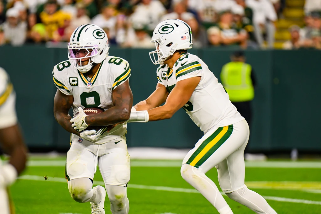 Josh Jacobs in action during a Packers game at Lambeau Field, 2025 NFL season