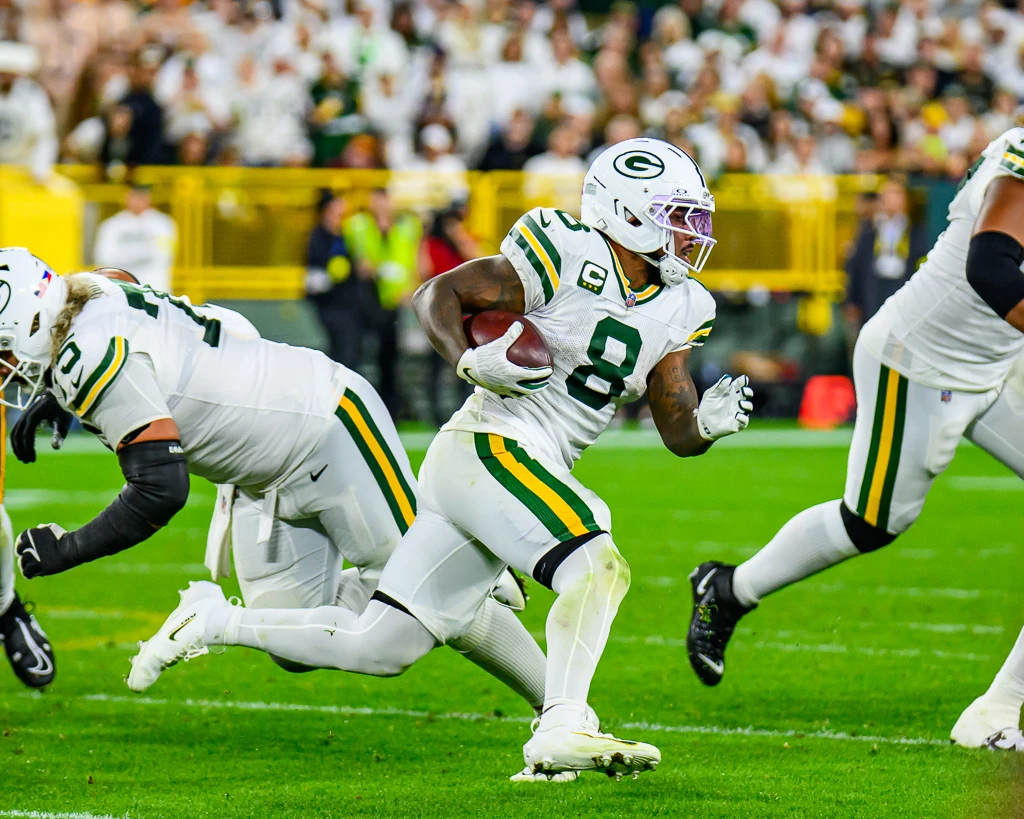 Josh Jacobs during the Packers vs Commanders game at Lambeau Field, Week 2 2025
