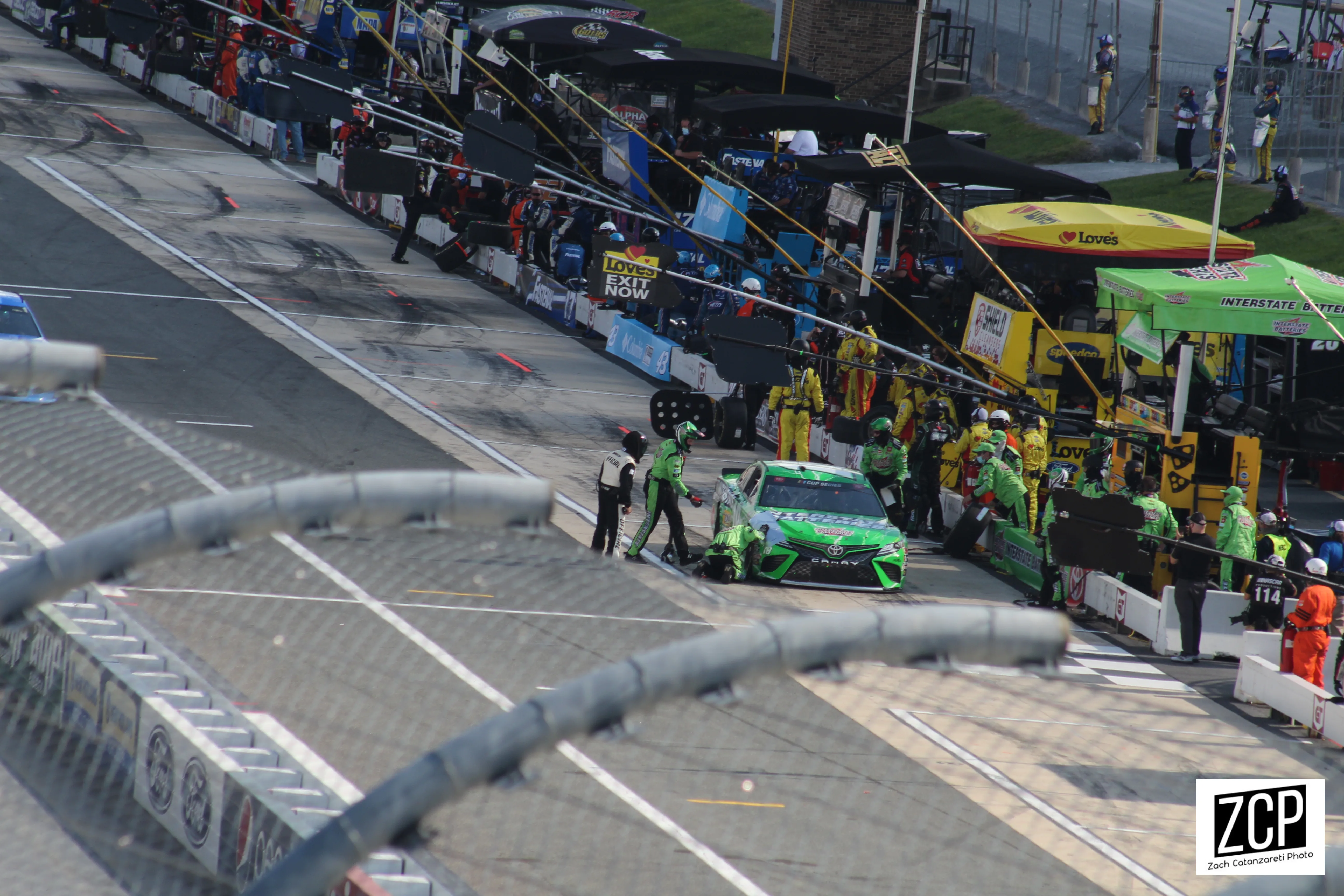 Kyle Busch&rsquo;s pit stop at Dover Motor Speedway during the 2020 NASCAR season — his No. 18 Interstate Batteries Toyota in action