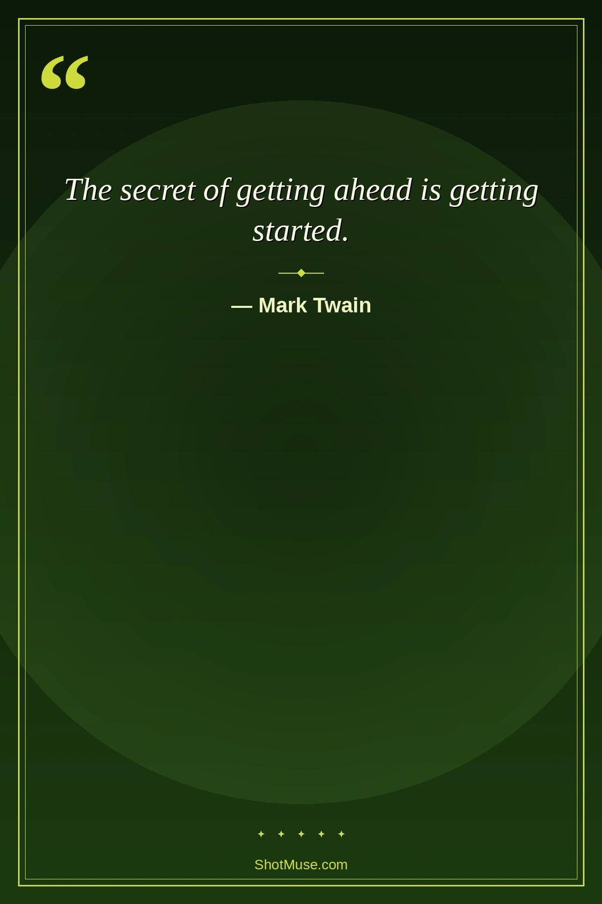 Short life quote by Mark Twain — The secret of getting ahead is getting started — HD olive green minimal wallpaper