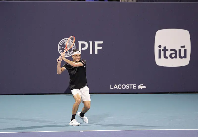 Taylor Fritz at the 2025 Miami Open, showing his dominant baseline game