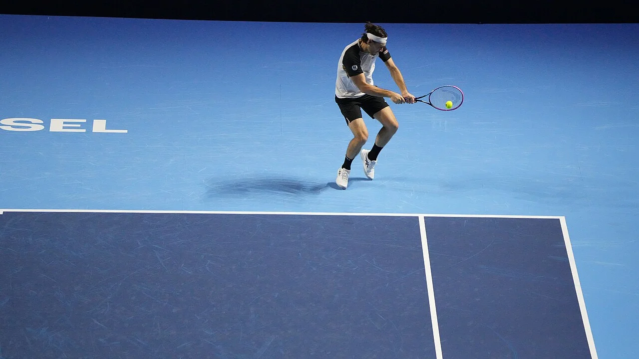 Taylor Fritz competing at the ATP Basel Swiss Indoors 2025