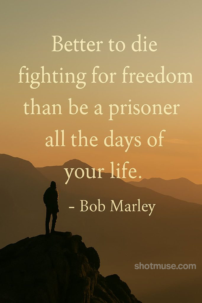 Freedom quote by Bob Marley, silhouette on mountain with golden sunset