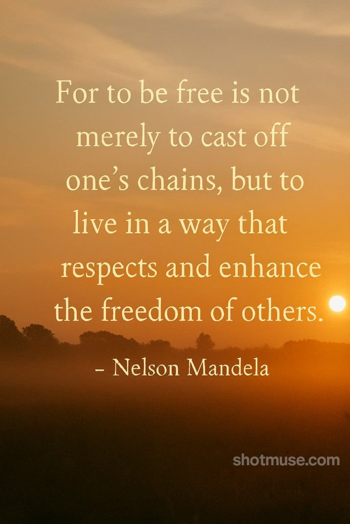 Freedom quote by Nelson Mandela with sunset landscape